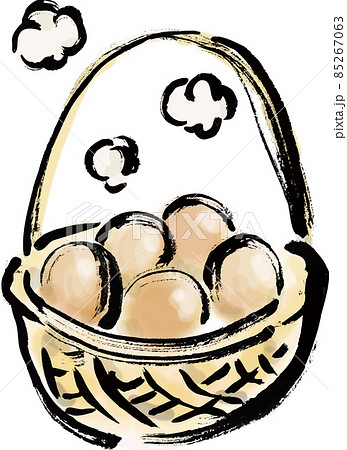 籠に入った温泉卵の手描き筆描きイラスト 色付き のイラスト素材