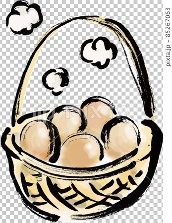 籠に入った温泉卵の手描き筆描きイラスト 色付き のイラスト素材