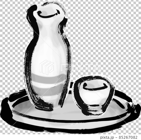 徳利に入ってお盆に乗った日本酒の手描き筆描きイラスト モノクロの