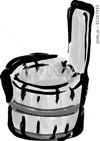 温泉やお風呂の木製の手桶　手描き筆描きイラスト　モノクロ 85267093