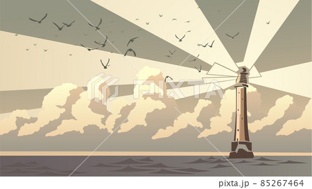 Horizontal illustration simple cartoon illustrations of lighthouse at twilight. 85267464