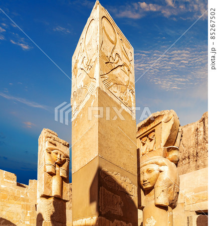 Statues of Goddess Hathor and columns of Mortuary Temple of Hatshepsut, Luxor, Egypt 85267502