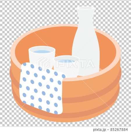 木桶に入った日本酒の徳利とお猪口 85267884