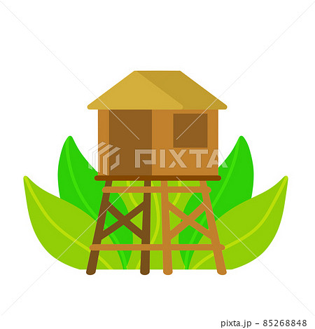 Bungalow. Tropical hut on poles. Exotic southern wooden house. Flat cartoon illustration 85268848