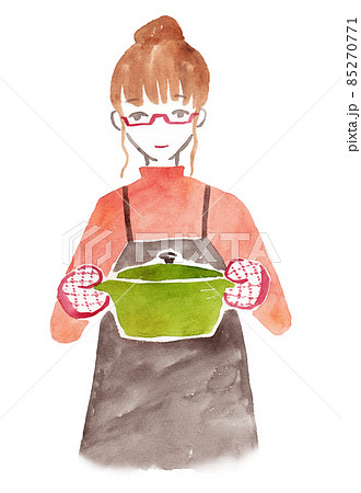 鍋を持つ女性　水彩イラスト 85270771