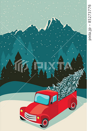 Red pickup with evergreen tree and forest 85273776