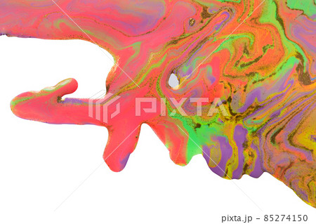 Streams of liquid purple, pink, green and gold inks on white background. Waves of fluid vivid fluid paint. 85274150