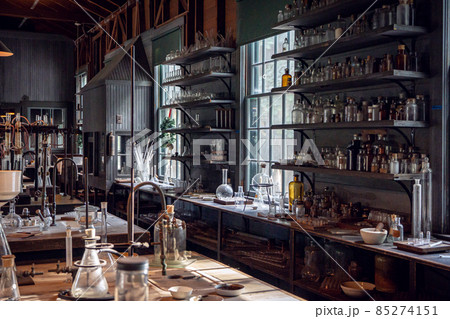 the old inventors laboratory with glass bottles 85274151