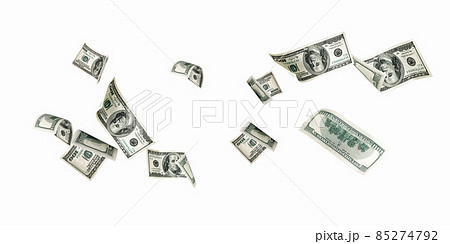 Hundred dollar bill. Falling money isolated on white background. American cash. Hundred dollar bill. Falling money isolated on white background. American cash. 85274792
