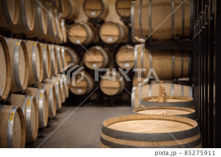 Wine cellar interior background. Wooden barrel with copy space on top 85275911