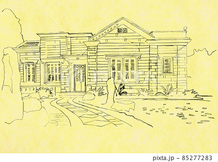 薄い黄色が背景のコロンス島の住宅を描いた鉛筆画 85277283
