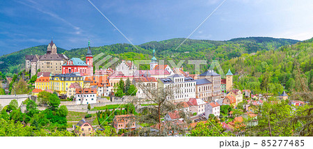 Aerial panoramic view of medieval Loket town Aerial panoramic view of medieval Loket town 85277485