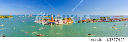 Aerial panoramic view of Venetian Lagoon with San Giorgio Maggiore island 85277492