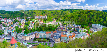 Karlovy Vary city aerial panoramic view with row of colorful multicolored buildings Karlovy Vary city aerial panoramic view with row of colorful multicolored buildings 85277545