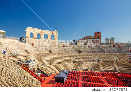 The Verona Arena interior inside view with stone stands. Roman amphitheatre Arena 85277871