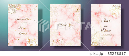 Luxurious pink marble wallpaper. A set of three. Golden flowers with a shiny light marble texture and leaves. Modern art mural wallpaper. White background and gold spots. Vector illustration. 85278817