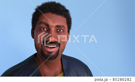 young man portrait african american people smiling wearing black leather jacket on blue background 3D illustration 85280282