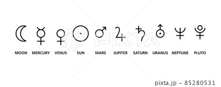 Symbols of the ten planets in astrology. Mercury, Venus, Mars, Jupiter and Saturn, the five planets visible to the naked eye. Sun and Moon, and the later discovered planets Uranus, Neptune and Pluto. Symbols of the ten planets in astrology. Mercury, Venus, Mars, Jupiter and Saturn, the five planets visible to the naked eye. Sun and Moon, and the later discovered planets Uranus, Neptune and Pluto. 85280531