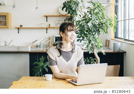 キッチンの前でパソコンを使う女性（笑顔） 85280645