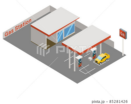 アイソメトリックス 3d立体イラスト ガソリンスタンド全景gsと給油中の自動車のイラストのイラスト素材