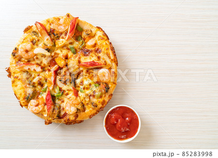 seafood pizza on wood tray 85283998