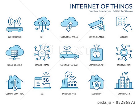 Internet of things icons, such as smart city, artificial intelligence, sensor, climate control and more. Vector illustration isolated on white. Editable stroke. Change to any size and any colour. Internet of things icons, such as smart city, artificial intelligence, sensor, climate control and more. Vector illustration isolated on white. Editable stroke. Change to any size and any colour. 85286872