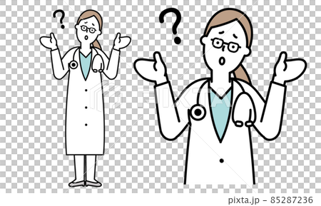 一位女醫生的插圖素材，她穿著白色外套，將聽診器掛在脖子上，歪著頭擺出“Why?”的姿勢。 85287236