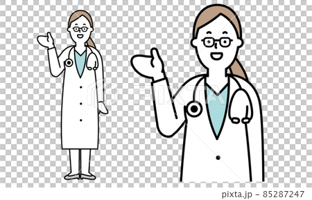 一位女醫生在她的脖子上戴著聽診器的插圖素材,身穿白色外套,牽著她的手。 一位女醫生在她的脖子上戴著聽診器的插圖素材,身穿白色外套,牽著她的手。 85287247