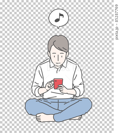 スマホに夢中なサラリーマン～ウキウキ…音符のフキダシ 85287769