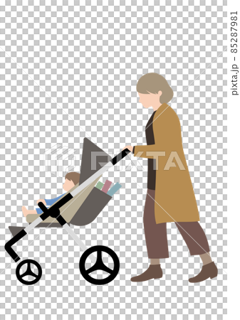 赤ちゃんと、本が入ったベビーカーを押すシニア女性(帰省や3世代家族のイメージに) 赤ちゃんと、本が入ったベビーカーを押すシニア女性(帰省や3世代家族のイメージに) 85287981