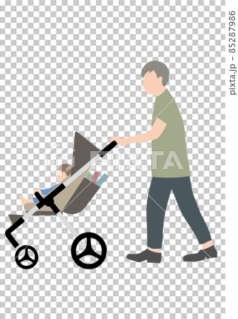 赤ちゃんと、本が入ったベビーカーを押すシニア男性（帰省や3世代家族のイメージに） 85287986