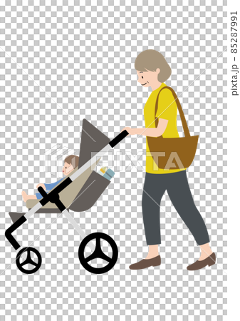 赤ちゃんと、哺乳瓶が入ったベビーカーを押すシニア女性（帰省や3世代家族のイメージに） 85287991