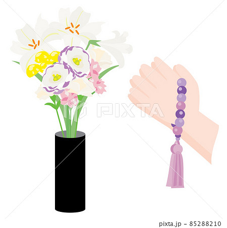 仏教のお供えの春の花と拝む手のイラスト素材