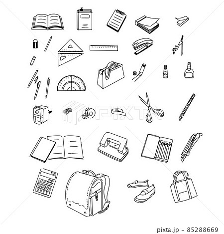 学校で使う文房具セット シンプル 手描き のイラスト素材