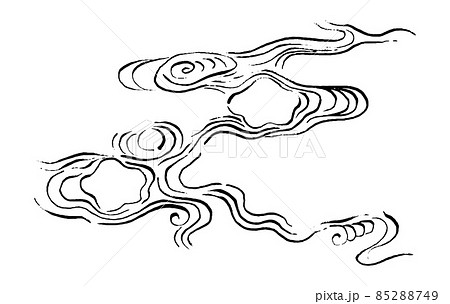 モノクロ和風イラスト 梅の花の形にうねる波 墨筆 海 毛筆 かすれ 水しぶき 線画 曲線 渦 東洋のイラスト素材