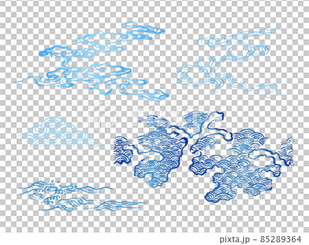 Japanese style illustration, blue wave set of brush, Qinghai wave, sea and splash, Wawa collection, Kasure, Suika, traditional 85289364