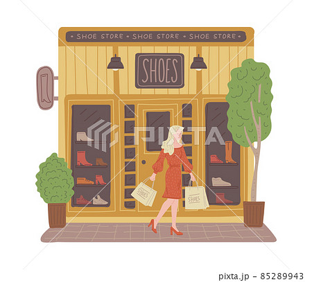 Facade of shoe shop with fashion footwear, flat vector illustration isolated. 85289943