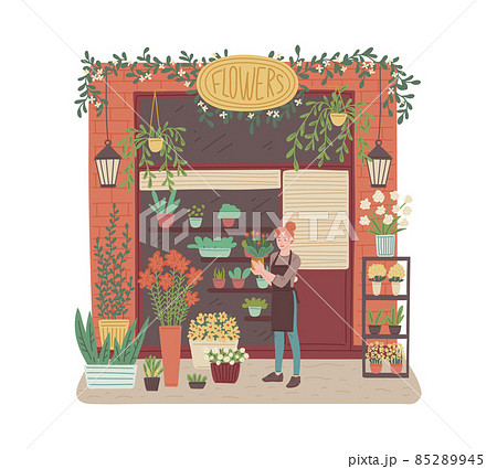 Flower shop facade with bouquets in showcase, flat vector illustration isolated. Flower shop facade with bouquets in showcase, flat vector illustration isolated. 85289945
