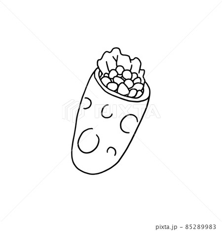 Hand drawn burrito wrap, outline doodle vector illustration isolated on white background. Hand drawn burrito wrap, outline doodle vector illustration isolated on white background. 85289983