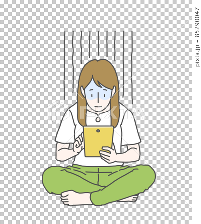 A long-haired woman who is crazy about tablets-becomes deep blue A long-haired woman who is crazy about tablets-becomes deep blue 85290047