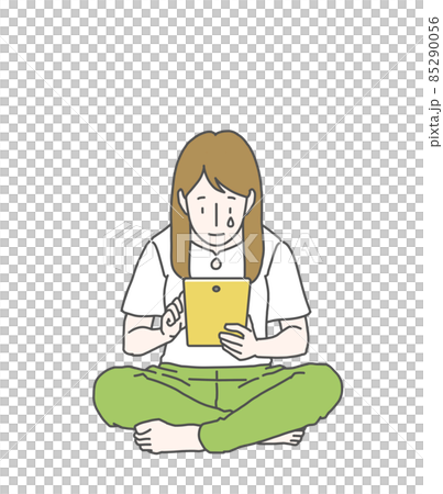 Long-haired female crazy about tablets-tears 85290056