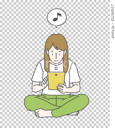 A long-haired woman who is crazy about tablets-exciting ... balloons of musical notes 85290057