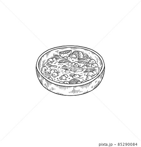 Pozole soup bowl, traditional mexican cuisine - sketch vector illustration isolated on white background. 85290084