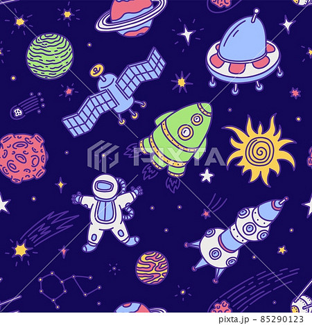 Space seamless pattern in hand drawn doodle style, cartoon vector illustration. 85290123