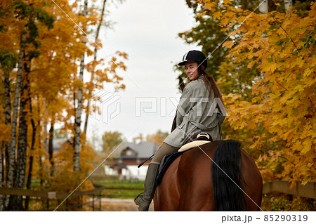 Beautiful brunette on a horse on the background of an autumn landscape. Horseback riding, active horseback riding Beautiful brunette on a horse on the background of an autumn landscape. Horseback riding, active horseback riding 85290319