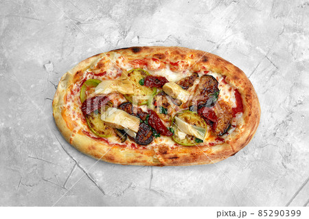 traditional Italian food: Vegetarian pizza with mushroom isolated on white background. 85290399