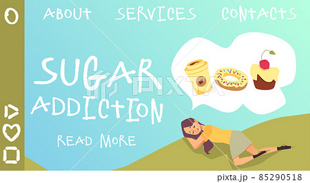 Hungry woman sleeps and dreams about sweet food and drinks, landing page template - flat vector illustration. 85290518