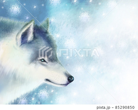 オオカミの横顔のアップと雪景色背景のイラスト素材
