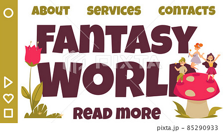 Fantasy world landing page template with cute elves in the nature, cartoon flat vector illustration. 85290933