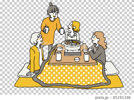 Women gathering in Kotatsu and eating hot pots Happy girls-only gathering with well-known friends Hand-drawn person illustrations 85291186